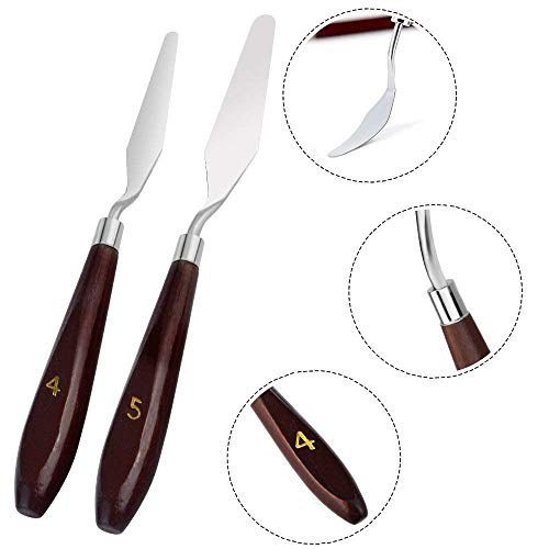Qatalitic Set of 5 Palette Painting Knives of Various Sizes & Shapes, Stainless Steel Scraper Spatula Polished Brown Handle for Artist Canvas Oil Paint Color Mixing