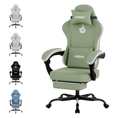 NIONIK Gaming Chair with Massage,Ergonomic PC Gaming Chair Computer Chairs with Footrest Comfortable Headrest and Lumbar Support, High Back GREENWHITE