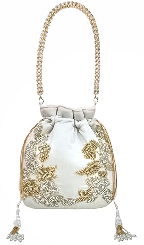 Image of Velvet Potli Bag with Golden & Silver Beaded Flower Embroidery - Handcrafted Ethnic Drawstring Bag for Weddings, Parties & Festive Gifts - Beaded Handle & Tassels for Women