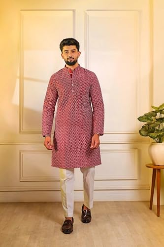 Image of LookMark Men's Printed Silk Blend Kurta with Mandarin Collar, Full Sleeves, Straight Fit Traditional Ethnic Wear