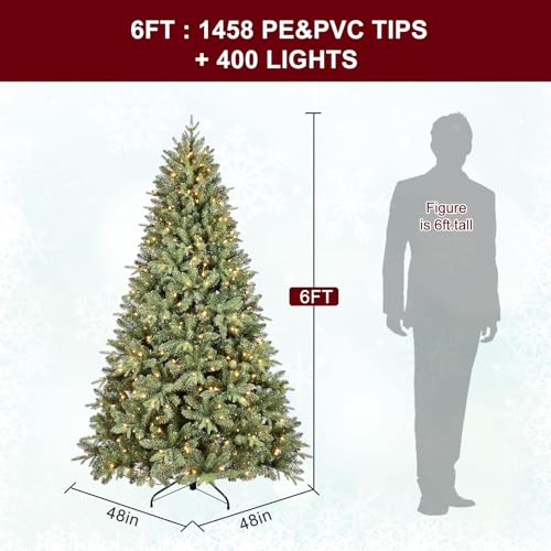 Treepool 6FT Pre-Lit Artificial Christmas Tree with 1458 PE&PVC Mixed Branch Tips, 400 Warm White Lights, Hinged Premium Spruce Fake Xmas Trees, Green, Foldable Base