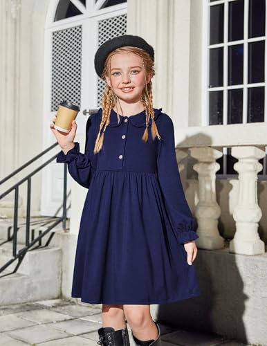 Arshiner Girls Long Sleeve Dress Fall Winter Ruffle Peter Pan Collar Front Button Casual Cotton Dresses4