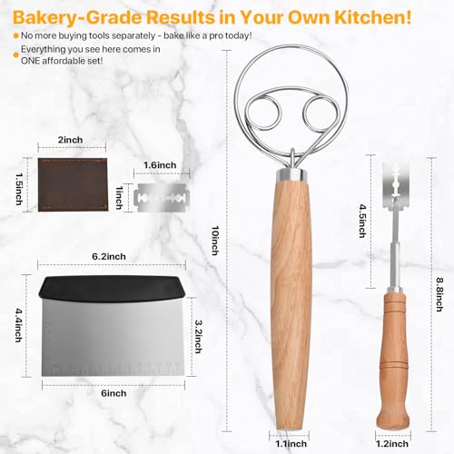 Danish Dough Whisk【Set of 3】Wooden Bread Whisk with Stainless Steel Hook, Dough Scraper & Lame Scoring Tool Blades - Sourdough, Pizza, Pastry Baking Supplies - Dutch Whisk & Dough Cutter Kit.