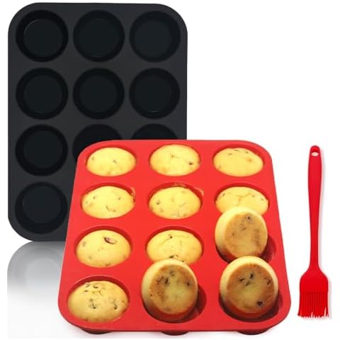 Bongpuda Silicone Muffin Pan Set,2 Pcs 12 Cups Egg Bite Mold,Non-Stick,Easy Release,For Egg Muffins, Cupcakes, Large Muffins,Pizza Muffins,Cheesecakes(Black + Red) Cover