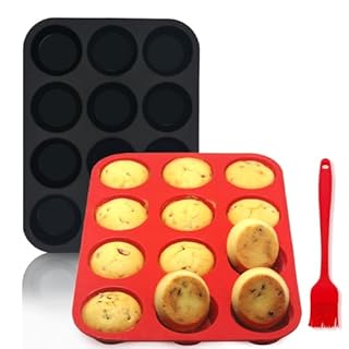 Bongpuda Silicone Muffin Pan,2 Pack 2.8" 12 Cups Silicone Egg Bites Pan,Non-Stick,Easy to Release,BPA Free,for Egg Muffins,Cupcakes, Tarts, Breads (Black + Red)