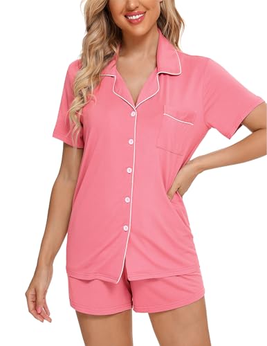 Image of Pjmlifecoco Women's Modal Pajama Set Short Sleeve Button Down Two Piece Soft Sleepwear with Shorts Loungewear S-XXL