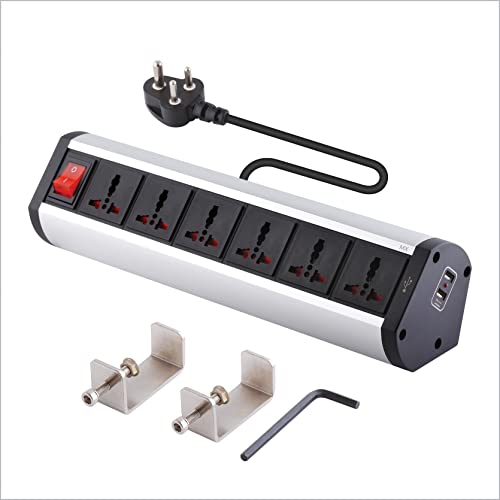 Image of MX Premium Power Console 16 Amp 6 Universal Sockets with 2 USB Charging Port Extension Board - with Removable Desk Clamp Power Strip Master Switch (Desk Clamp Power Strip-6 /13 AMP- 6 Outlets + 2 USB)