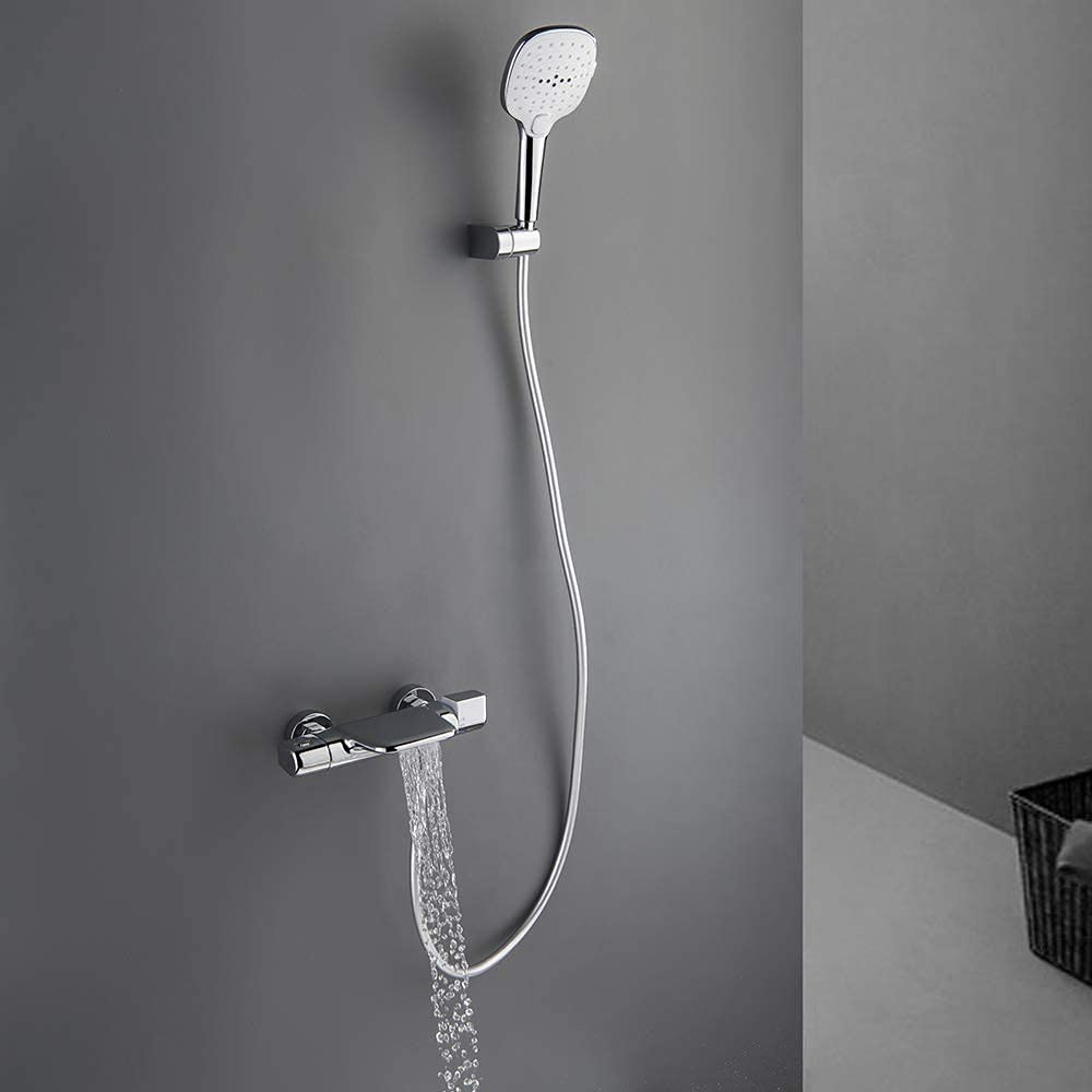 Bateria termostatyczna do wanny z główką prysznicową do montażu na ścianie, chromowana bateria do napełniania wanny, mosiądz, łazienka, wanna, baterie prysznicowe z wylewką wodospadową