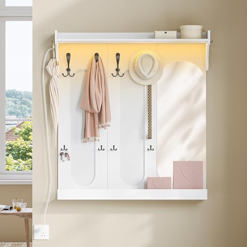 Hzuaneri Appendiabiti da Parete, Appendiabiti da Ingresso con 10 Ganci, Luci, Specchio, 20 x 92 x 100,5 cm, Corridoio Camera da Letto Salotto, Bianco LR60203X