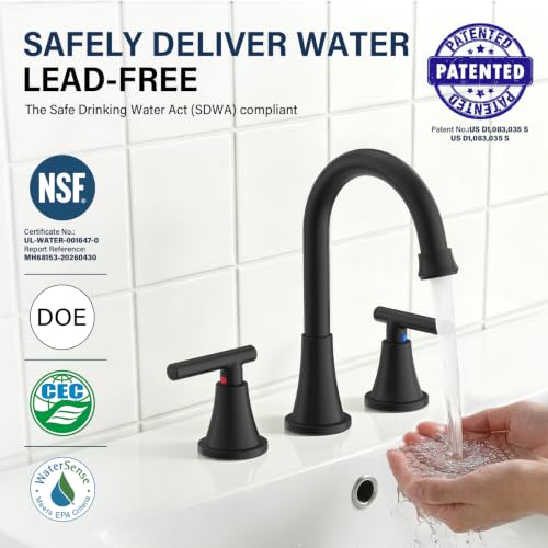 Image of Bathroom Faucets for Sink 3 Hole, Hurran Matte Black Bathroom Sink Faucet with Pop-up Drain and Supply Lines, Stainless Steel Lead-Free Widespread Faucet for Vanity RV Farmhouse Sink (Pack of 2)