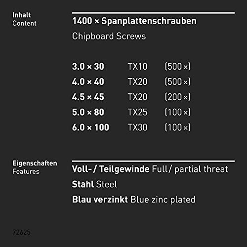 TORX® ttap® 72625 Spanplattenschrauben Set 1400 Stück (3.0 × 30mm, 4.0 × 40mm, 4.5 × 45mm, 5.0 × 80mm, 6.0 × 100mm… – Bild 7
