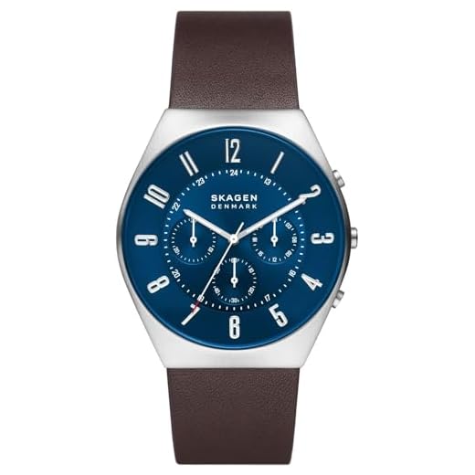 Skagen Reloj para hombre Grenen Chronograph, movimiento cronógrafo de cuarzo, caja de 42 mm de acero inoxidable reciclado plateado (al menos el 50%) con correa de piel, SKW6842