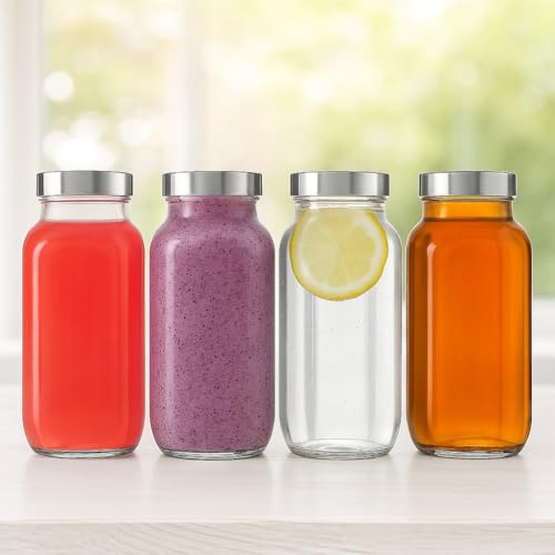 Image of 500ml Square Water Bottle Set of 4 | Airtight Steel Lid Juice Bottle | Water, Milk, Shake, Kombucha Storage Container | Clear Glass Bottle for Kitchen & Fridge Use