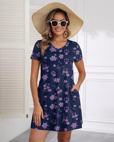 Image of COSSEN Women's Casual T Shirt Dress V-Neck Short Sleeves Swing Dresses Birthday Party Summer Travel Beach with Pocket