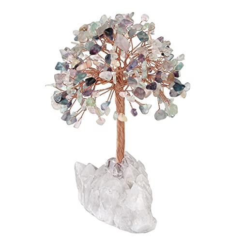 mookaitedecor Natural Fluorite Crystal Tree of Life Ornament for Home Reiki Healing Crystal Money Tree Stone Bonsai Tree with Clear Quartz Base Feng Shui Ornament Gift for Wealth Good Luck