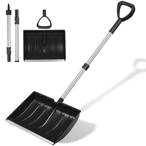 Ergonomic Large Snow Shovel for Driveway: 48-Inch Dual-Lock Knob Anti-Wobble Handle, 16' Plastic Blade w/Metal Edge, Ultra-Light 1.9 lb, Portable Aluminum Shaft, Car, Camping & Emergency, Black