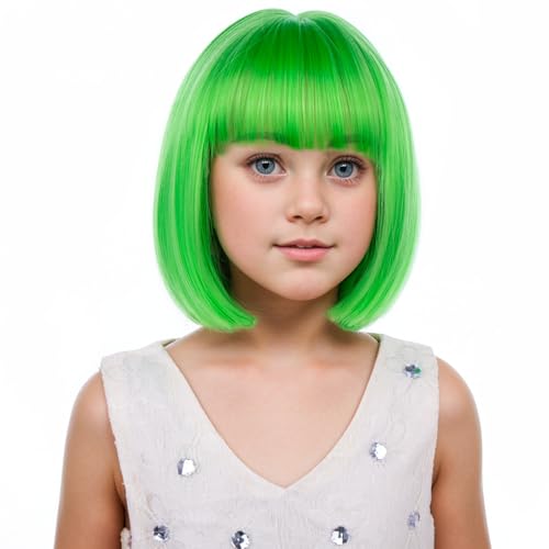 Image of PATTNIUM Children Neon Green Wig with Bangs for Kids Girls Short Green Bob Wigs Synthetic Halloween Wigs