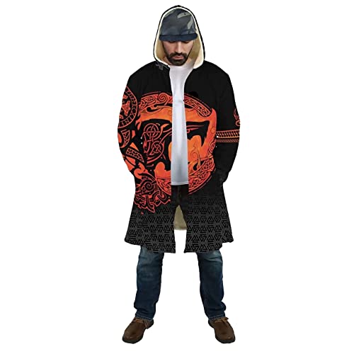 Fenrir Wolf Tattoo Men's Warm Thickened Parker Jacket Viking mid-length winter lambswool casual long sleeve hooded Coat (Color : Fenrir Wolf A07, Size : XX-Large)2