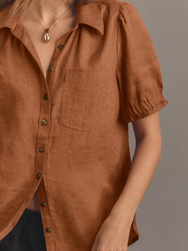 Cicy Bell Womens Puff Short Sleeve Button Down Shirts Summer Casual Collared V Neck Blouse Linen Loose Fit Work Tops3