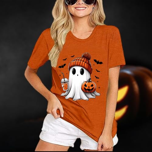 Women Fall Halloween Shirt Novelty Spooky Coffee Print Graphic Tees Pumpkin Thanksgiving Tops3