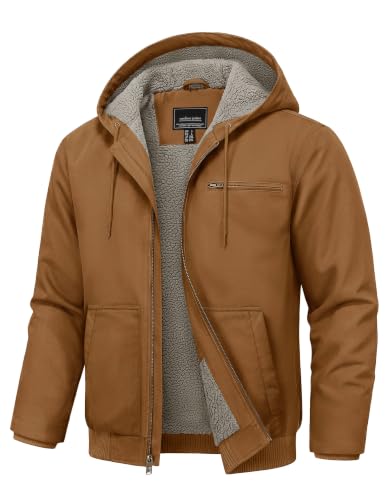 Cotrasen Mens Heavyweight Duck Canvas Work Jacket Waterproof Sherpa Lined Thermal Warm Hooded Winter Coat Multi Pocket