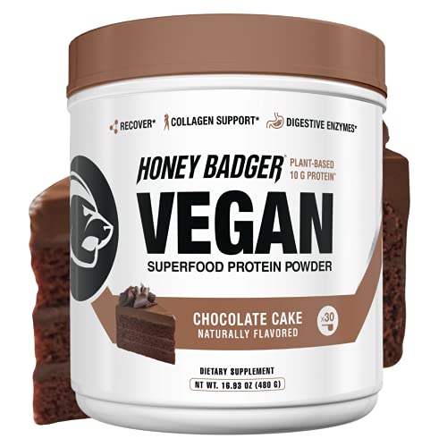 Honey Badger Vegan Keto Pea Protein | Plant Based Chocolate Cake Hydrolyzed Collagen Support Protein Powder | Low Carb, Natural, Gluten Free, Non-GMO, Paleo | with BCAAS, Vitamin C | 30 Servings