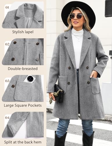 Yuson Girl Wintermantel Damen Langer Wollmantel Herbst Winter Klassischem Revers Coat Warmer Übergangsmantel Elegant Kurzmantel Einfarbig Jacke Outwear mit Doppelreihigen Knöpfen(Grau, M)