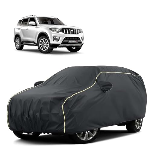 Image of Sulfar 100% Water Resistant Car Body Cover Compatible with Mirror for Mahindra Scorpio N (Triple Stitched, Full Bottom Elastic, Dark Grey Tafetta with Yellow Piping)
