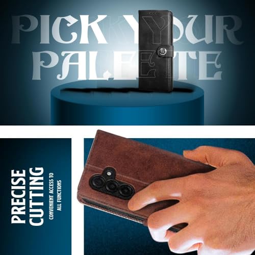 Image of WOW IMAGINE Shock Proof Flip Cover Back Case for Samsung Galaxy M17 5G | A17 5G | F17 5G (Magnetic Button Flip Case | Wallet Pockets & Stand | Leather Finish | Coffee)