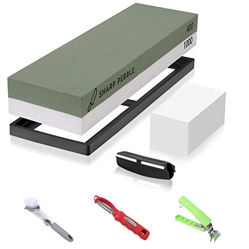 Knife Stone,Sharpening Stone Set,Japanese Knife Sharpener,Double Sided 400/1000# Non-Slip Rubber Flattening Stone+Angle Guide