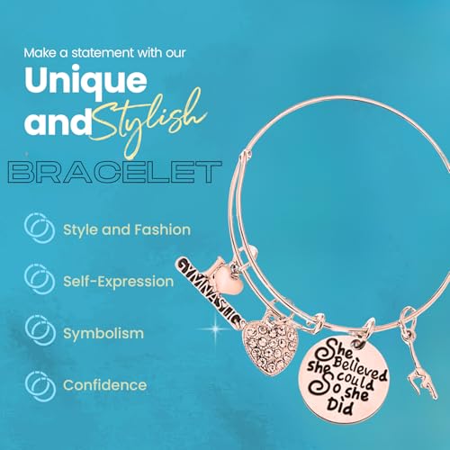 Image of Infinity Collection Gymnastics Charm Bangle Bracelet- Rose Gold Plated She Believed She Could So She Did Gymnastic Jewelry - Gift For Gymnast