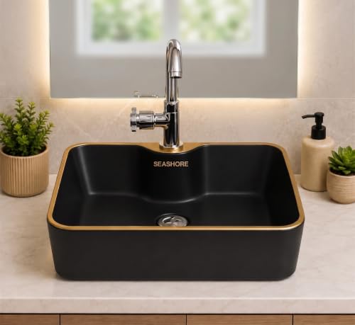 Image of Elegant White Ceramic Table Top Wash Basin, Modern Countertop Vanity Sink for Bathroom, Hotel & Home Interior Spaces, 19 x 14 x 5 Inch