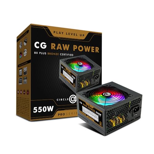 Image of Circle CG RAW Power 550 WATTS Gaming Power Supply /PSU - Non-Modular | 80 Plus Bronze Certified | 120mm RBG Fan | with Active PFC, Flat Black Cables | 550 Watt -Black