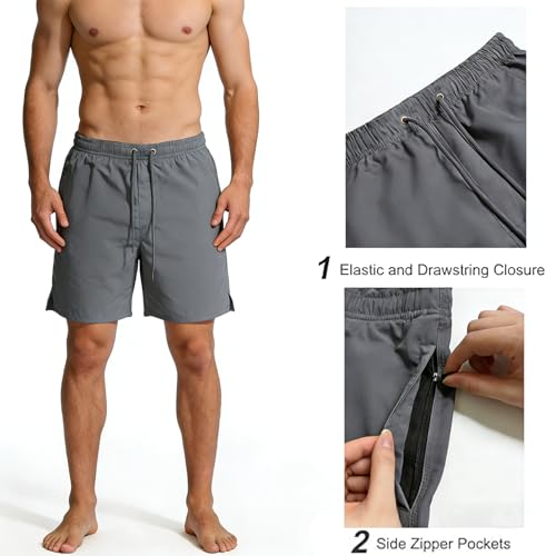 Image of Men's Swim Trunks with Compression Liner, Quick Dry Hawaiian Swimwear Bathing Suit Drawstring Board Shorts