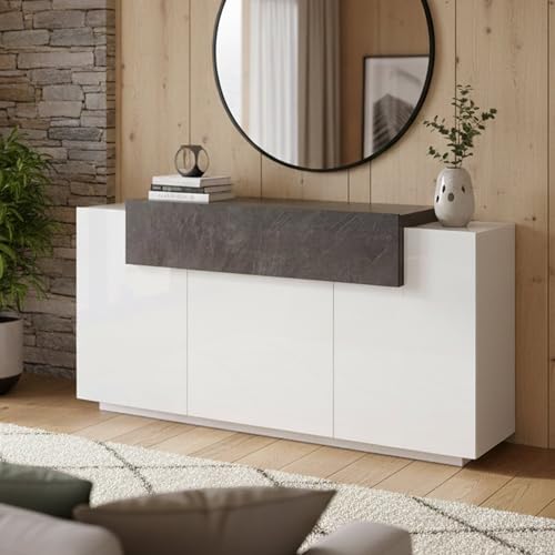 Dmora - Kommode Sirio, 3-türiges Küchen-Sideboard, Wohnzimmer-Buffet, 100 % Made in Italy, 160 x 45 x 86 cm, glänzendes Weiß und Schiefer,