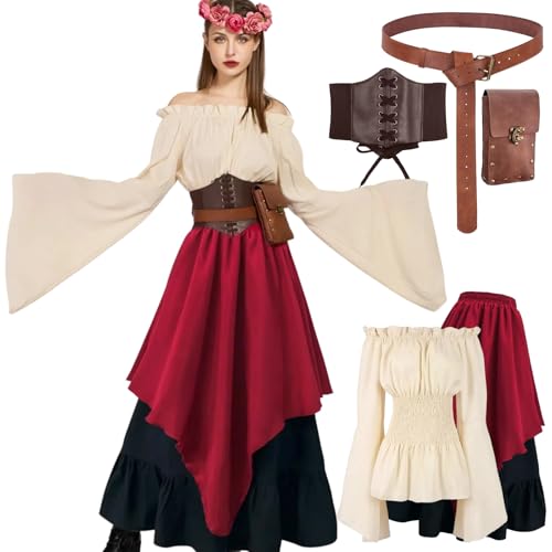 kasahara 5pcs Mittelalter Kleidung Damen Set, Retro Off Shoulder Bluse Kleid Renaissance Kostüm Victorian Bekleidung Maxi Dressm mit Corsett,...