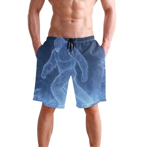 Men Swim Trunks-Blue Line Sasquatch, Beach Shorts with Inner Lining Quick Dry Board Shorts Small