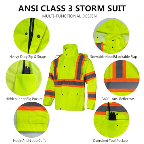 Class 3 Safety Rain Suit Waterproof Work Jacket & Pants with Collapsible Hood, Hi Vis Rain Suits for Men3