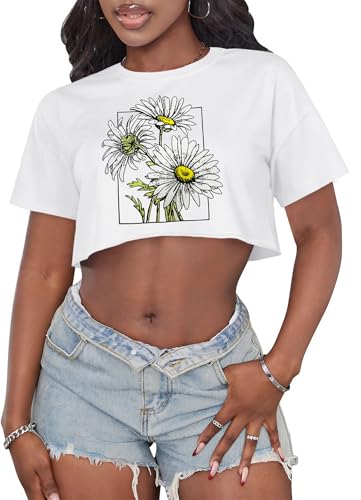 Image of Crop Tops for Women Oversized Short Sleeve T Shirts Crew Neck Cropped Tees