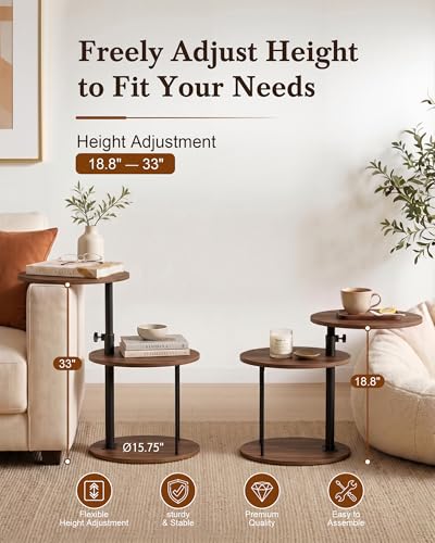 Image of Faesun Swivel Round Table for Couch Arm, Height Adjustable C Shaped End Table for Recliner or Bed, Tv Trays with Storage Shelf for Small Spaces- Small Nightstand for Living Room, Bedroom, Walnut