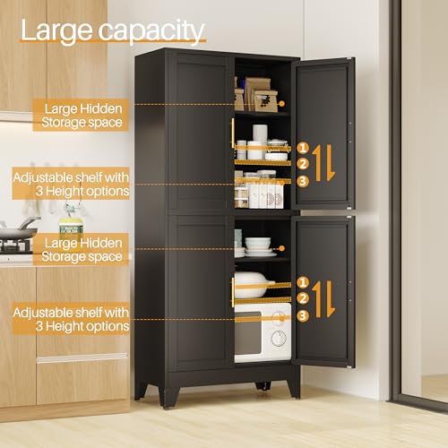 Image of PAOFIN Black Metal Storage Cabinet with 4 Doors and 4 Adjustable Shelves, Adjustable Leveling Foot for Kitchen, Living Room and Dining Room. 75 inch H