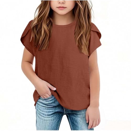 Summer Girls Cotton Linen T Shirts Crewneck Petal Short Sleeve Cute Casual Tops Loose Workout Blouse Tee 5-15 Years