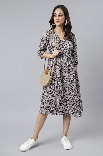 Image of Janasya Women's Cotton Floral Print Angrakha Dress