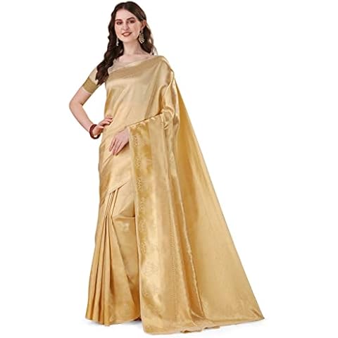 Jaanvi Kanjivaram Damen-Bluse, traditionell, mit Zari-Arbeit und ungenähtem Bluse-Stück, Beige Gold, One size Cover