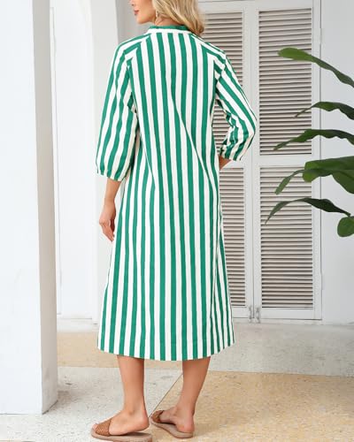 Image of YEXPINE Women Summer Striped Button Down Long Maxi Dress Loose Fit 3 /4 Sleeve Cotton Caftan Shirt Dress with Pocket