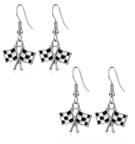 Checkered Flag Earrings, ValueBargain 2 Pairs Checkered Flag Earrings for Women Black and White Race Charm Dangle Earrings Ideal for Women Racing Fans and Race Day Accessories