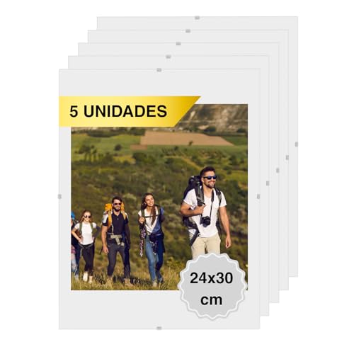 MARCOFOTO Set de 5 Marcos de Fotos – Marco Clip de Cristal sin Marco – Portafotos de Vidrio Transparente con Colgador – Diseno Minimalista para Fotos, Diplomas y Certificados – 24x30 cm