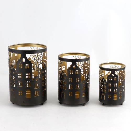 TRIROCKS Juego de 3 faroles de metal para velas, portavelas decorativos con diseño de casa y árbol, luces de viento para decoración de interiores y exteriores (negro dorado cepillado)