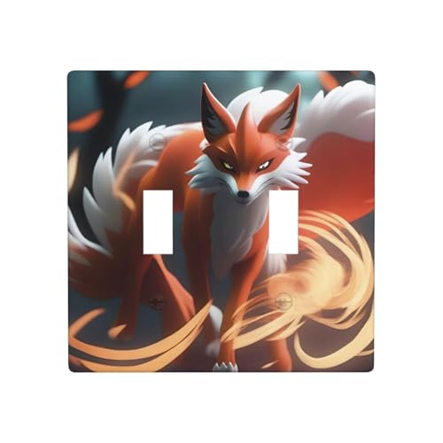 Poezjzw Placa decorativa para interruptor de luz con patrón de zorro de nueve colas, 2 bandas, cubierta de interruptor de palanca doble de 4.5 x 4.5 pulgadas