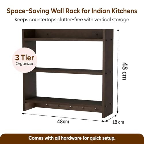 Image of Shoper cart Modern Kitchen Wall Shelf with Hooks, 3-Tier White and Beech Wood Storage Rack, 55 x 50 cm, Utensil Organizer with Spice Jar Display (Brown)